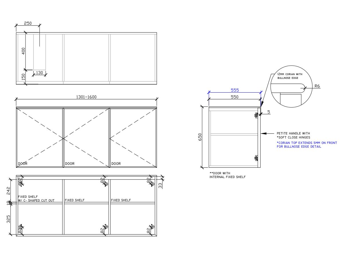 ISSY Adorn Undermount Wall Hung Vanity Unit with Three Doors & Internal Shelf with Petite Handle 1301-1600mm x 550mm x 650mm OFFSET LEFT (CENTRE RIGHT)