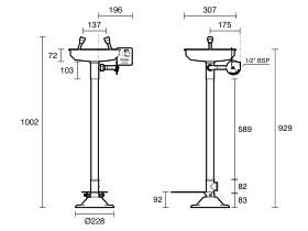 Technical Drawing - Wolfen Freestanding Safety Eye Wash with Foot Pedal Polished Stainless Steel