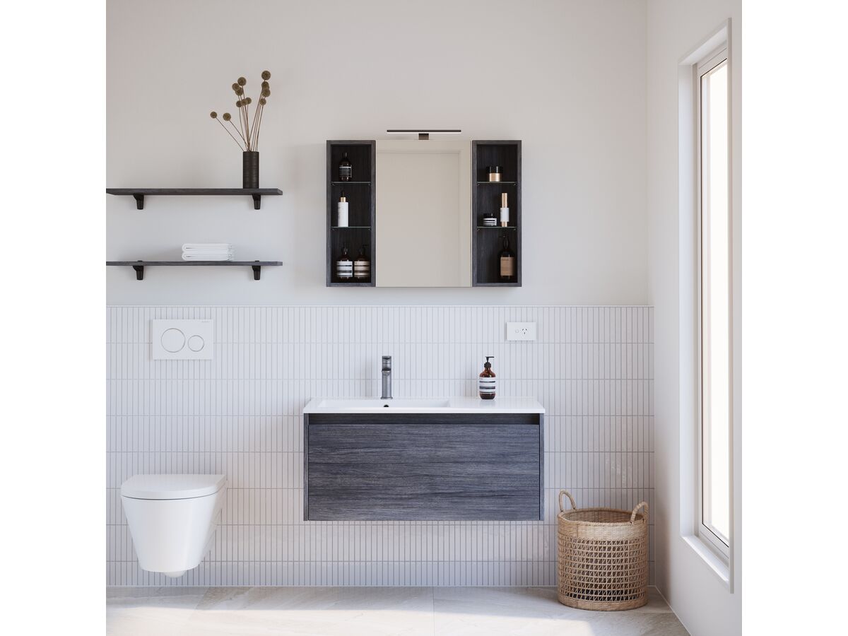St Michel Kayla Wall Hung Vanity Unit 1200 Integrated Left Hand Basin 1 Drawer Woodgrain