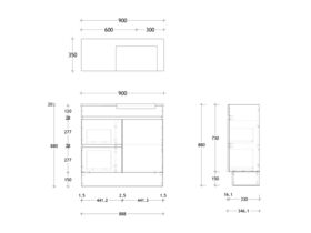 Technical Drawing - Posh Domaine Semi-Recessed 900mm Floor Mounted Vanity Right Hand Basin 20mm Top