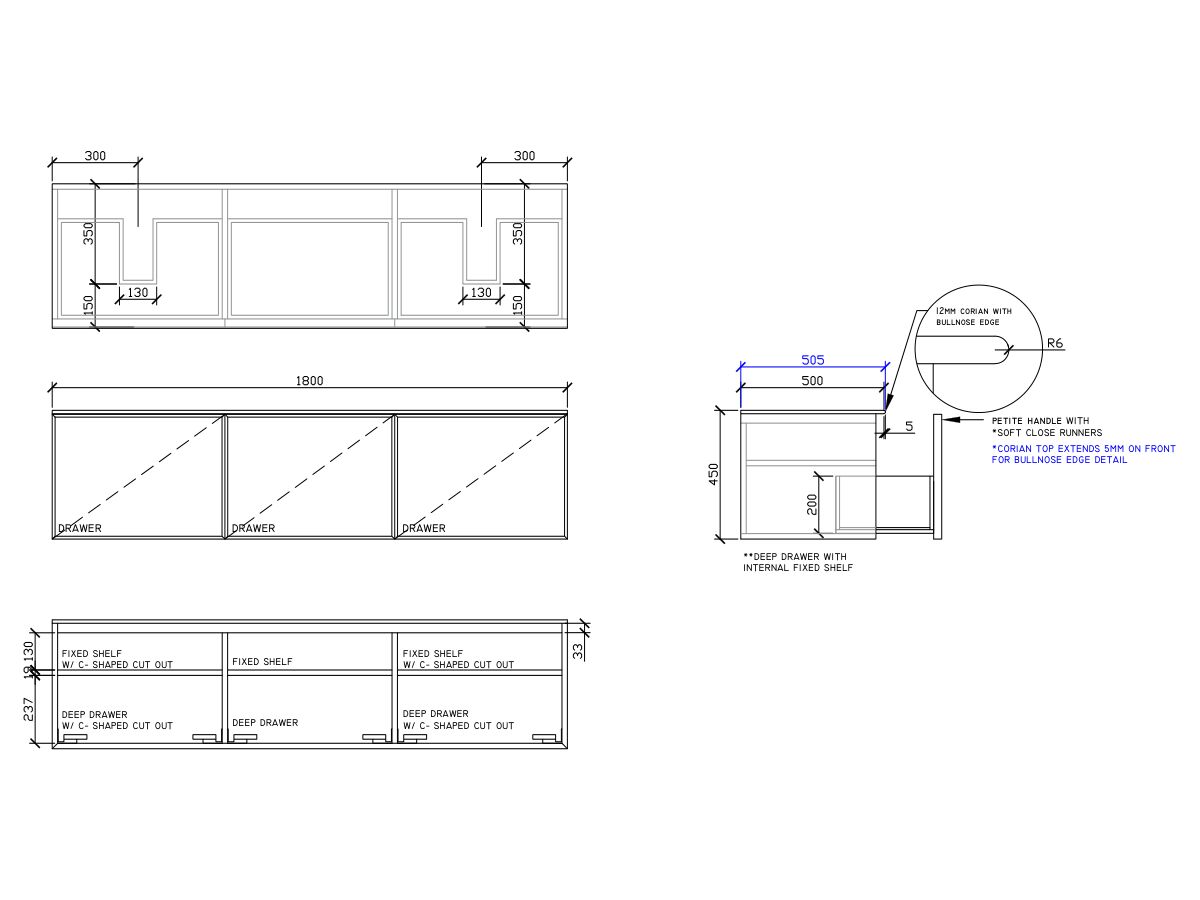 ISSY Adorn Above Counter / Semi Inset Wall Hung Vanity Unit with Three Drawers & Internal Shelves with Petite Handle 1800mm x 500mm x 450mm DOUBLE