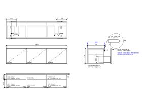 Technical Drawing - ISSY Adorn Above Counter / Semi Inset Wall Hung Vanity Unit with Three Drawers & Internal Shelves with Petite Handle 1800mm x 500mm x 450mm DOUBLE