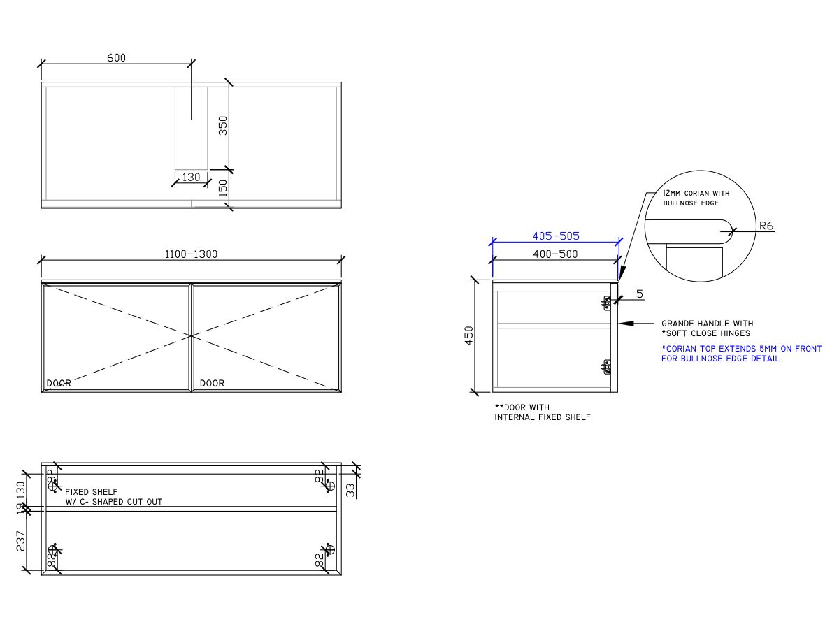ISSY Adorn Above Counter / Semi Inset Wall Hung Vanity Unit with Two Doors & Internal Shelf with Grande Handle 1101-1300mm x 400-500mm x 450mm CENTERED (OPENS BOTH SIDES)