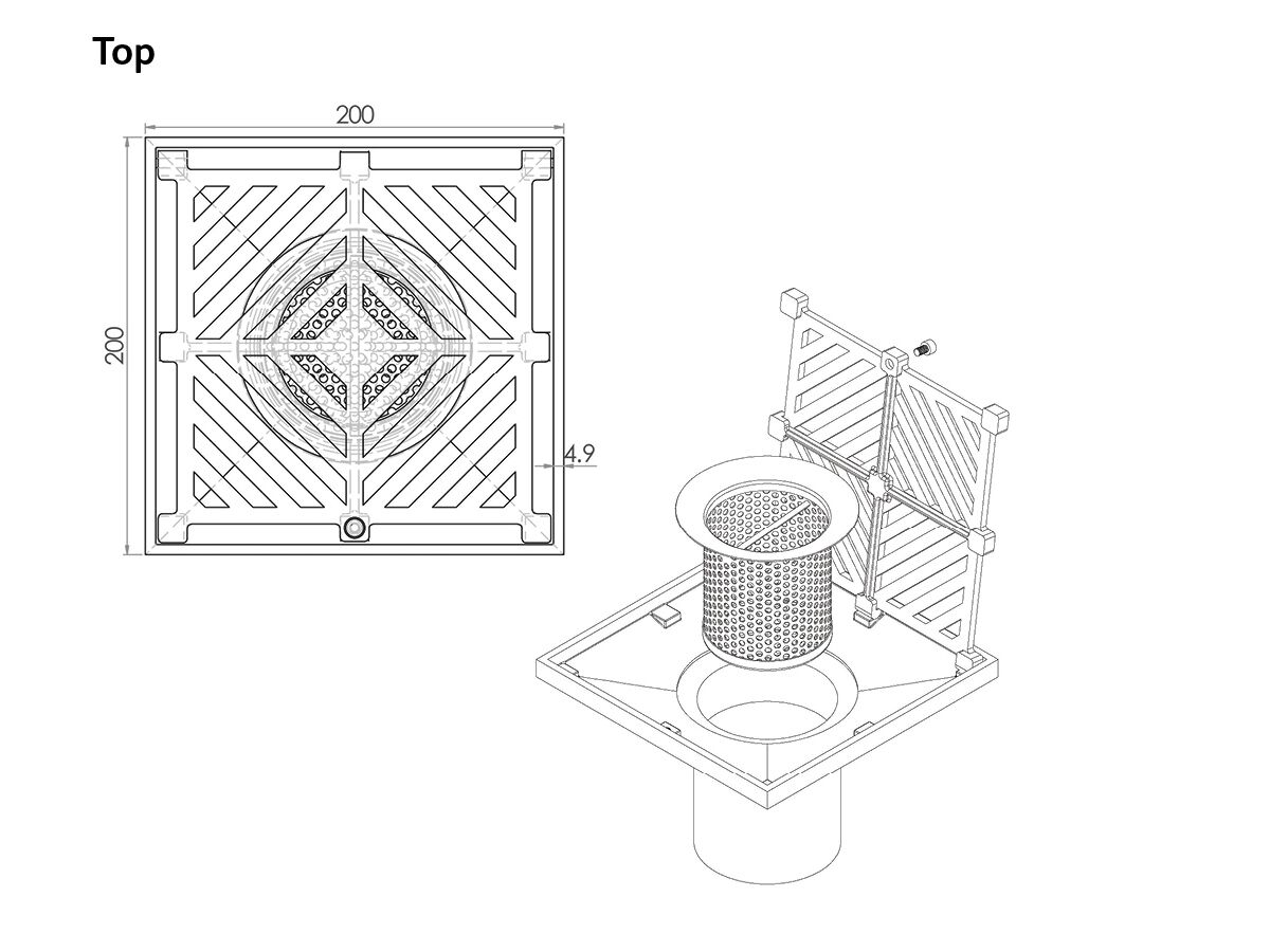200mm Square Bucket Trap Push-In Stainless 200mm
