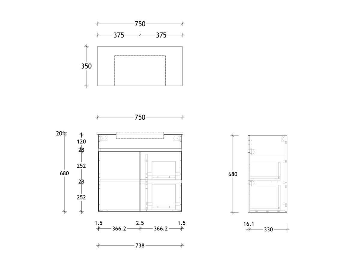 Technical Drawing - Posh Domaine Semi-Recessed 750mm Wall Hung Vanity Centre Basin 20mm Top