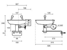 Technical Drawing - Wolfen Wall Mounted Safety Eye Wash Hand Operated Polished Stainless Steel