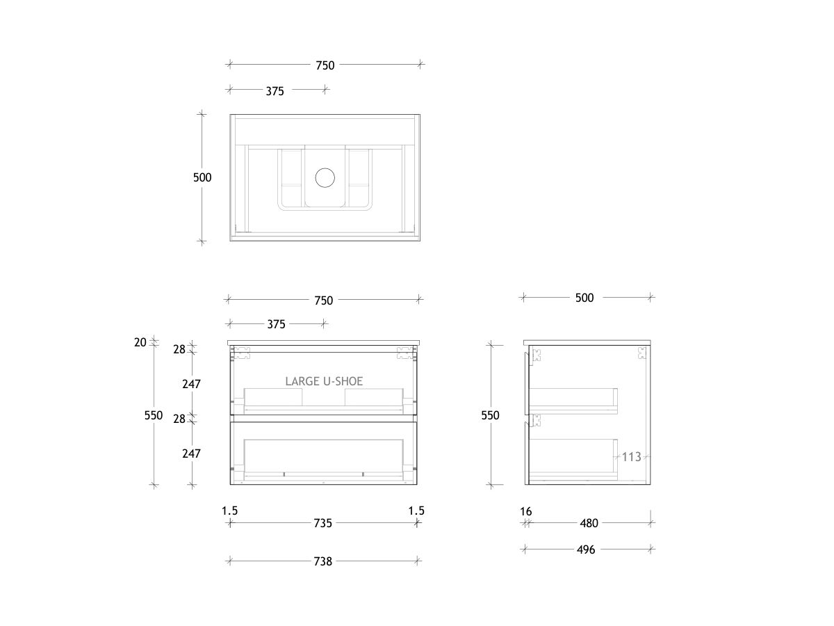 Technical Drawing - Posh Domaine All Drawer Twin 750mm Wall Hung Vanity Centre Basin 20mm Top