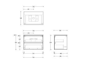 Technical Drawing - Posh Domaine All Drawer Twin 750mm Wall Hung Vanity Centre Basin 20mm Top