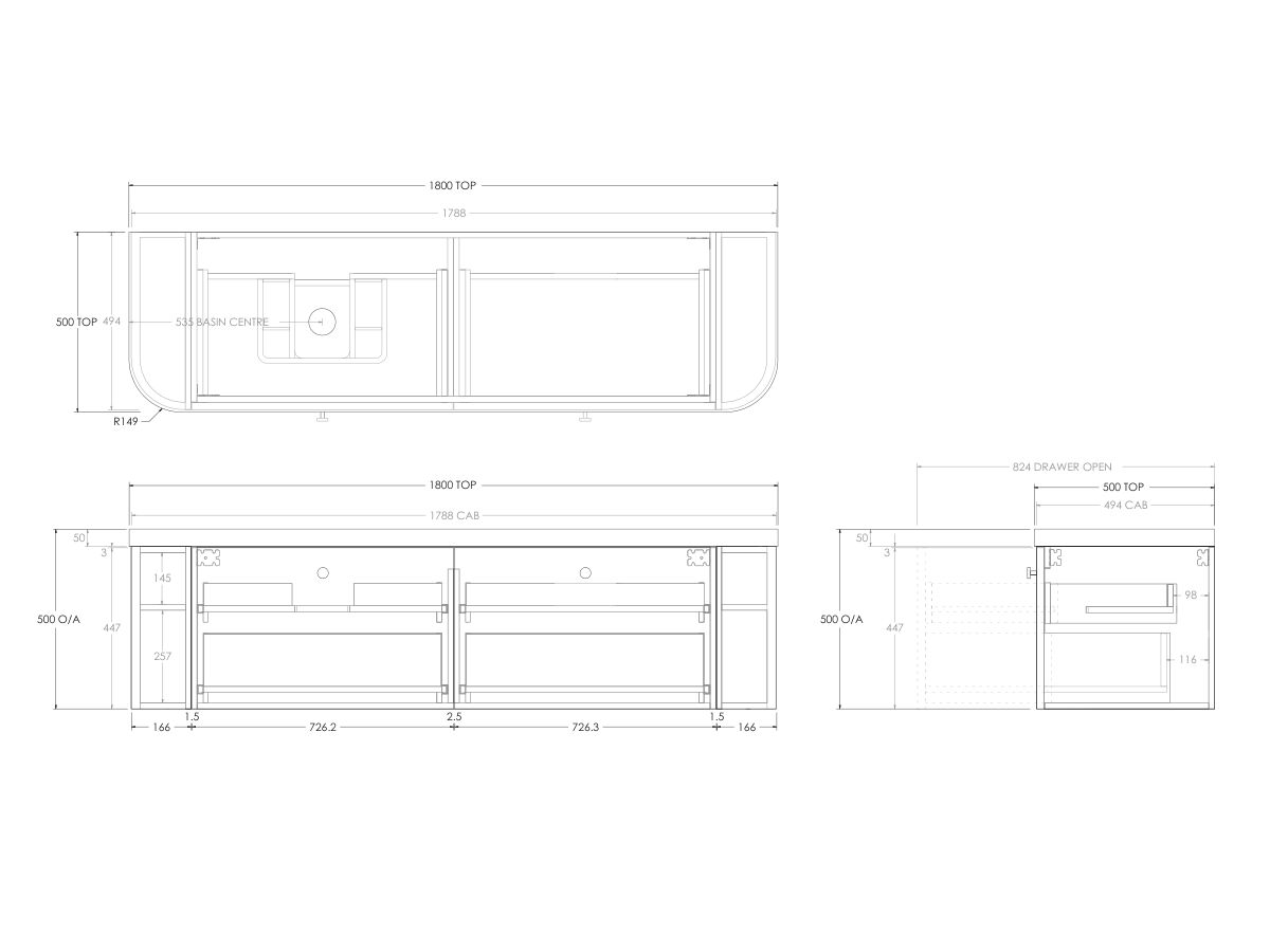 Kado Era 50mm Durasein Statement Top Double Curve All Drawer 1800mm Wall Hung Vanity with Left Hand Basin