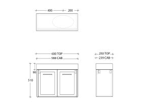 Technical Drawing - Kado Lux Petite Vanity Unit Wall Hung 600mm Right Bowl Statement Top (Basin Included)