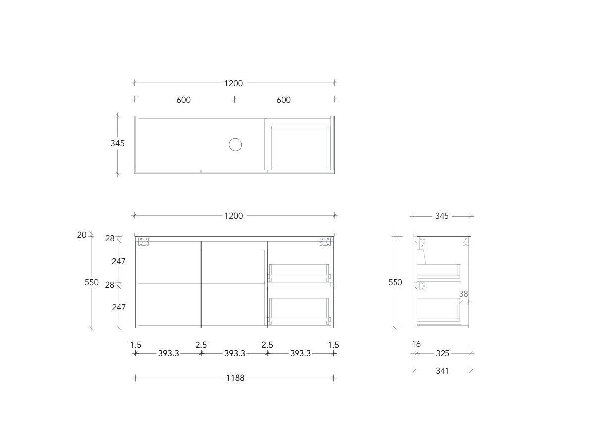 Technical Drawing - Posh Domaine Ensuite 1200mm Wall Hung Vanity Centre Basin 20mm Top