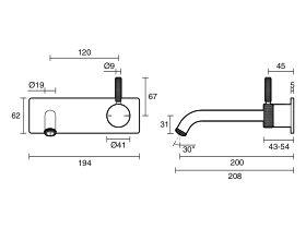 Technical Drawing - Milli Etch Wall Basin/Bath Mixer Tap Square Backplate (6 Star)