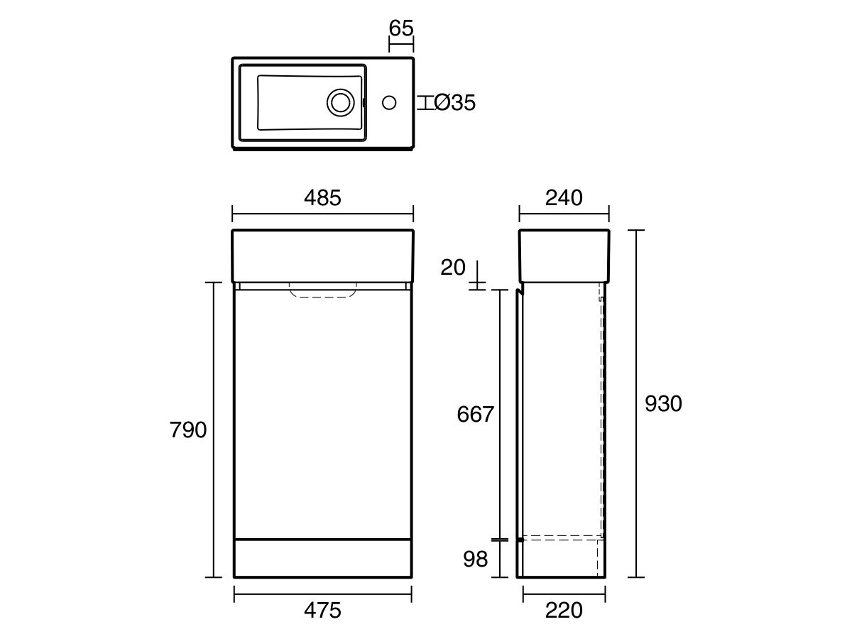 Posh Solus 485mm Powder Room Vanity Unit with Kick Right Hand Basin 1