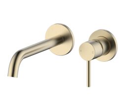 Mizu Drift Wall Basin/Bath Mixer Set Curved Spout with 2-Piece Cover Plate Brushed Brass (6 Star)