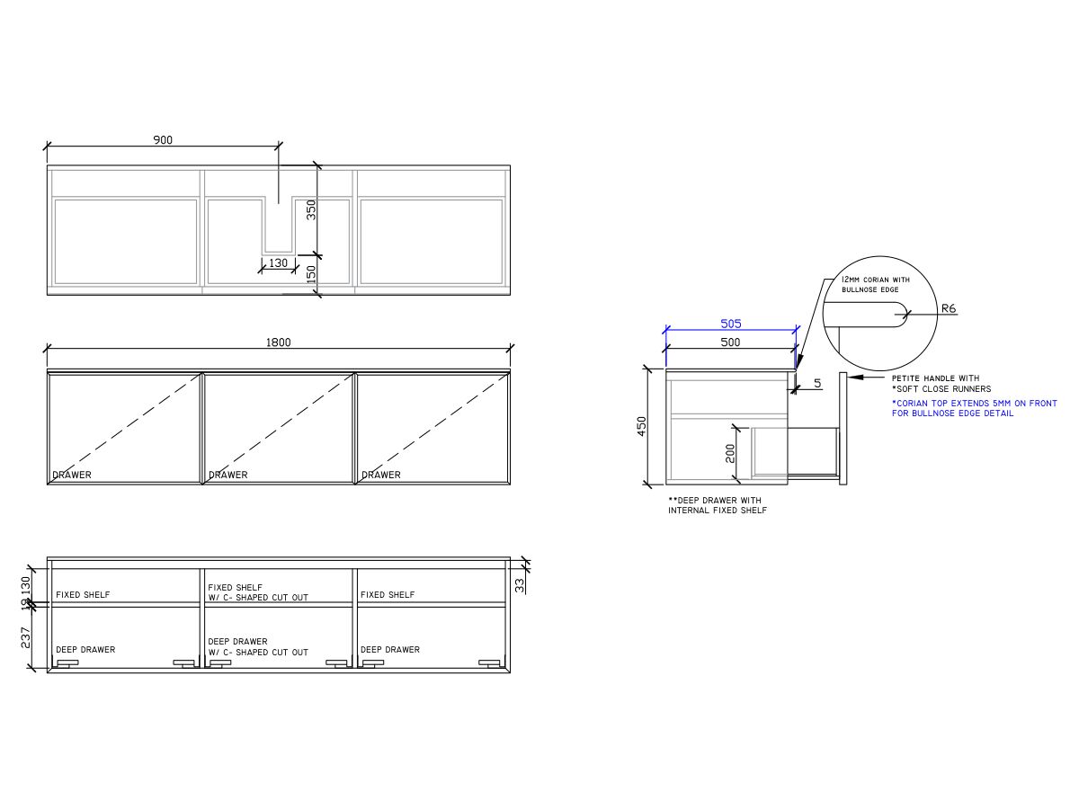 ISSY Adorn Above Counter / Semi Inset Wall Hung Vanity Unit with Three Drawers & Internal Shelves with Petite Handle 1800mm x 500mm x 450mm CENTERED