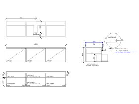 Technical Drawing - ISSY Adorn Above Counter / Semi Inset Wall Hung Vanity Unit with Three Drawers & Internal Shelves with Petite Handle 1800mm x 500mm x 450mm CENTERED