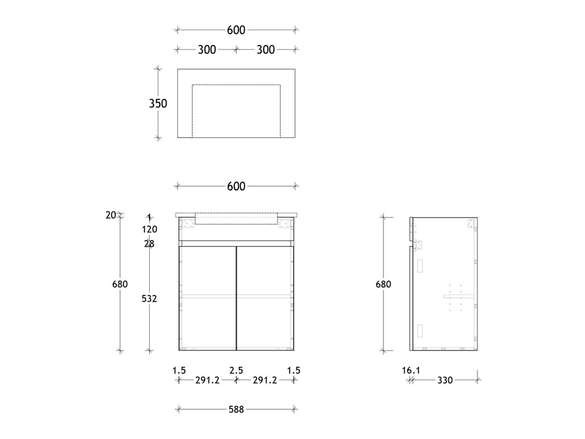 Technical Drawing - Posh Domaine Semi-Recessed 600mm Wall Hung Vanity Centre Basin 20mm Top