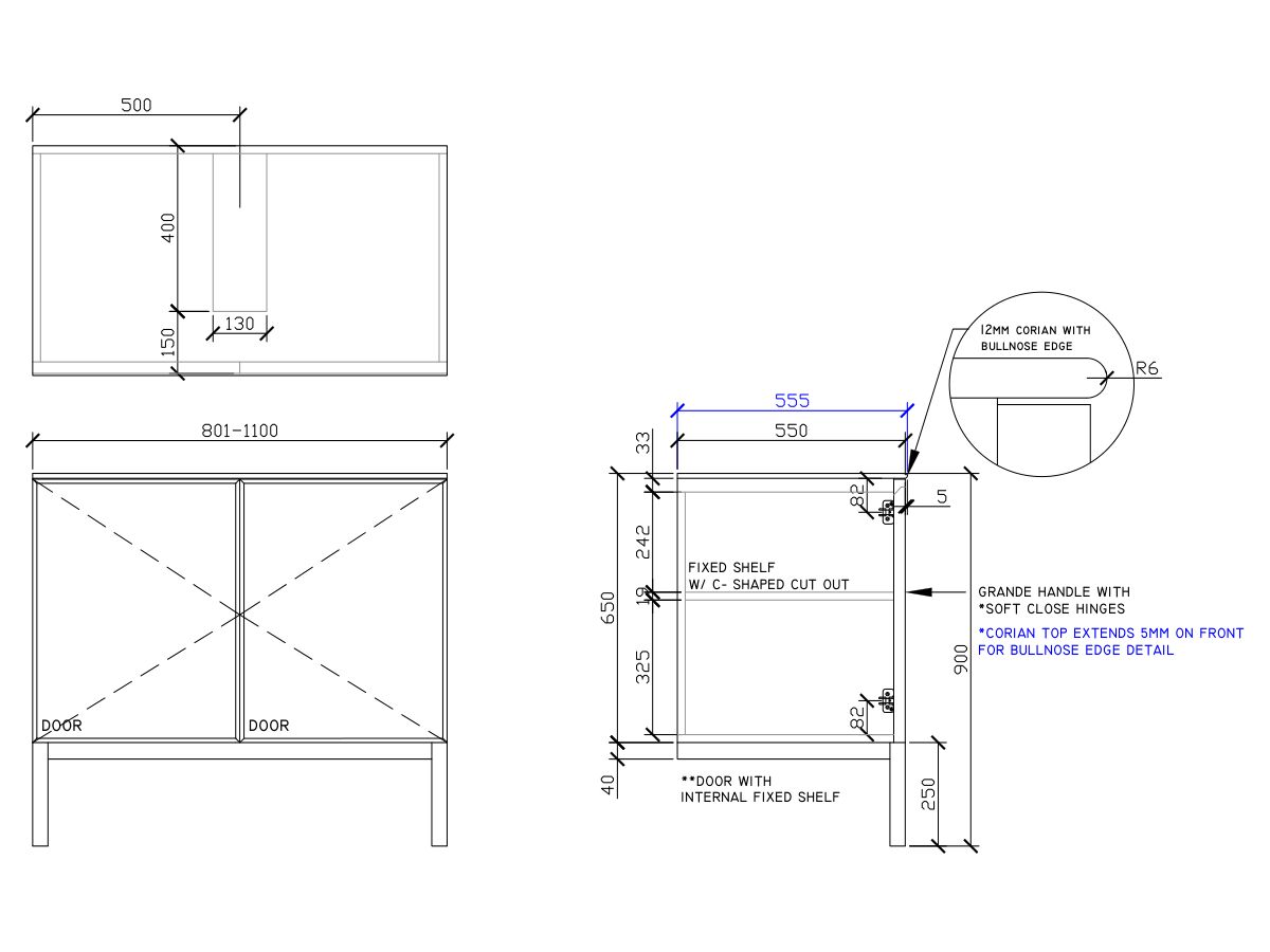 ISSY Adorn Undermount Vanity Unit with Legs Two Doors & Internal Shelves with Grande Handle 801-1100mm x 550mm x 900mm CENTERED (OPENS BOTH SIDES)