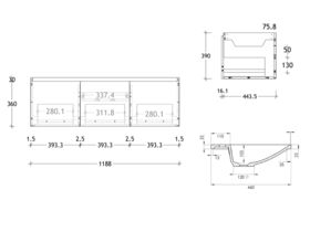 ADP Bayo Vanity Unit Wall Hung 3 Drawer 1 Internal Drawer Double Bowl 2 Taphole 1200mm