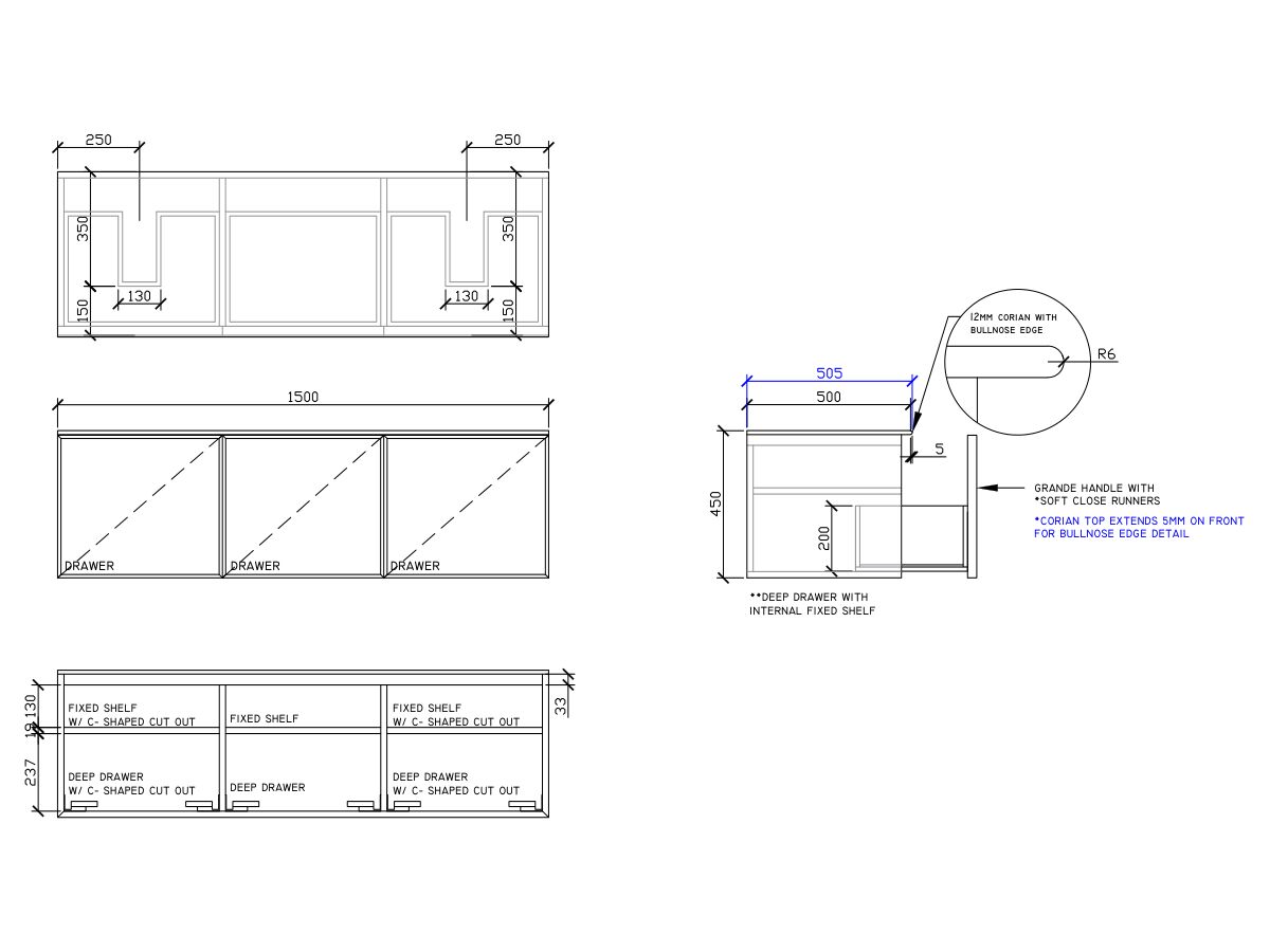 ISSY Adorn Above Counter / Semi Inset Wall Hung Vanity Unit with Three Drawers & Internal Shelves with Grande Handle 1500mm x 500mm x 450mm DOUBLE BASIN