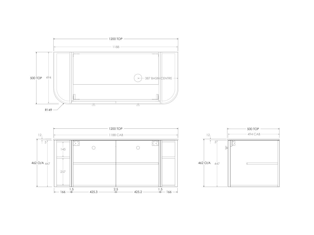 Kado Era 12mm Durasein Top Double Curve All Door 1200mm Wall Hung Vanity with Right Hand Basin