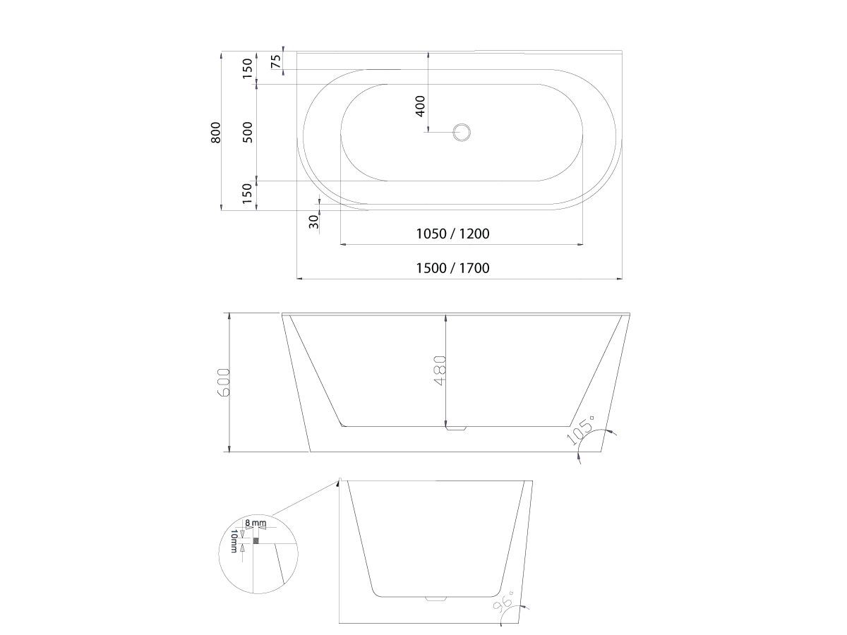 Alegra Freestanding Back to Wall Bath 1700mm