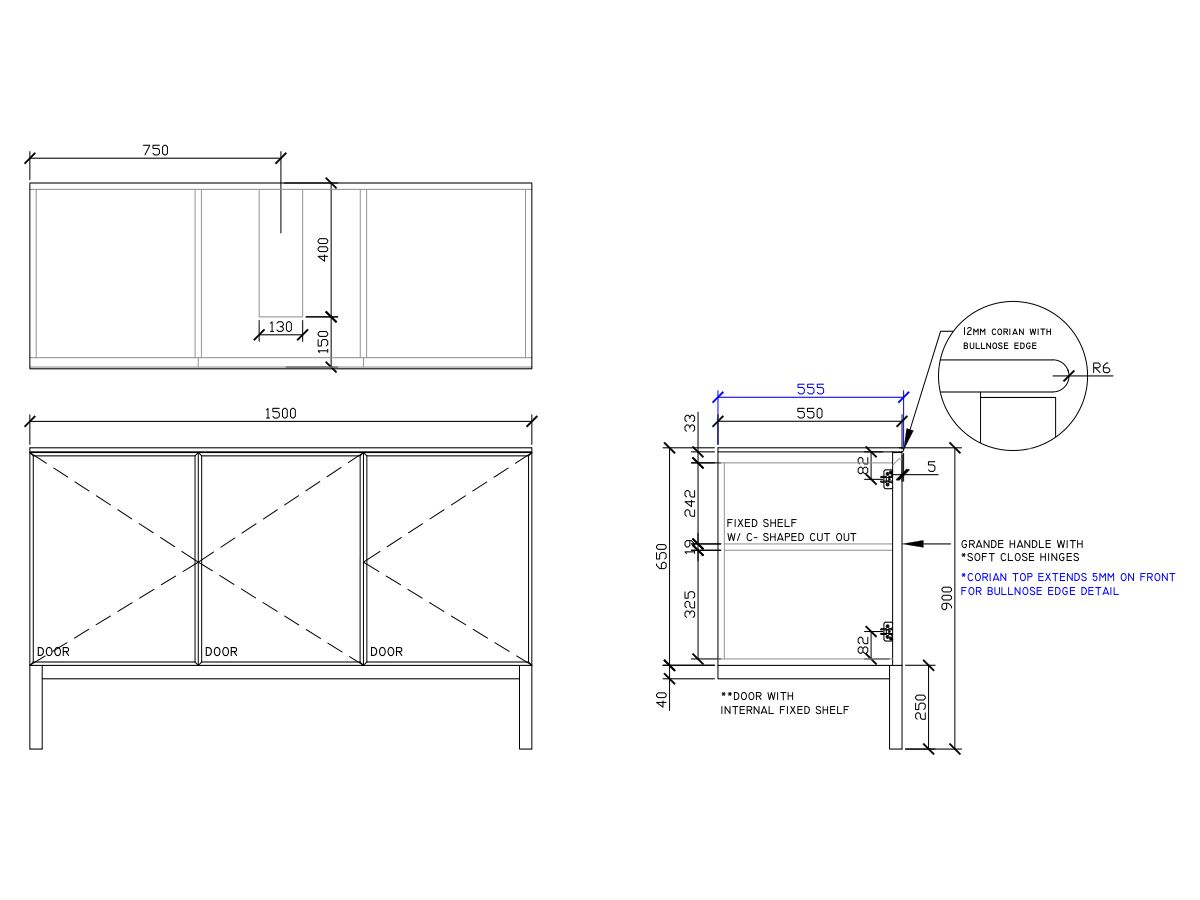 ISSY Adorn Undermount Vanity Unit with Legs Three Doors & Internal Shelves with Grande Handle 1500mm x 550mm x 900mm CENTERED (CENTRE RIGHT)