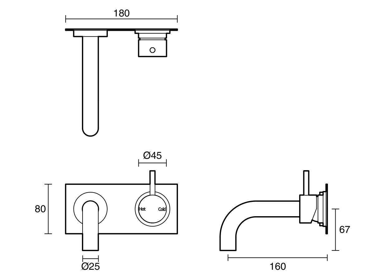 Technical Drawing - Scala 25mm Curved Wall Basin Mixer Tap System Right Hand Mixer Tap 160mm Outlet