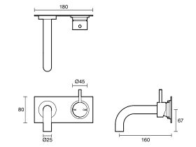Technical Drawing - Scala 25mm Curved Wall Basin Mixer Tap System Right Hand Mixer Tap 160mm Outlet