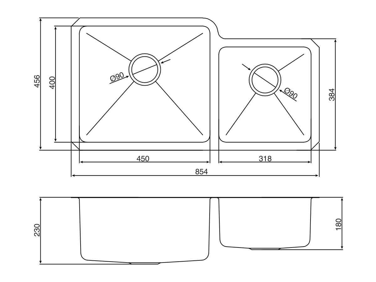 AFA Cubeline 1 3/4 Bowl Undermount Sink No Taphole 854mm Stainless Steel