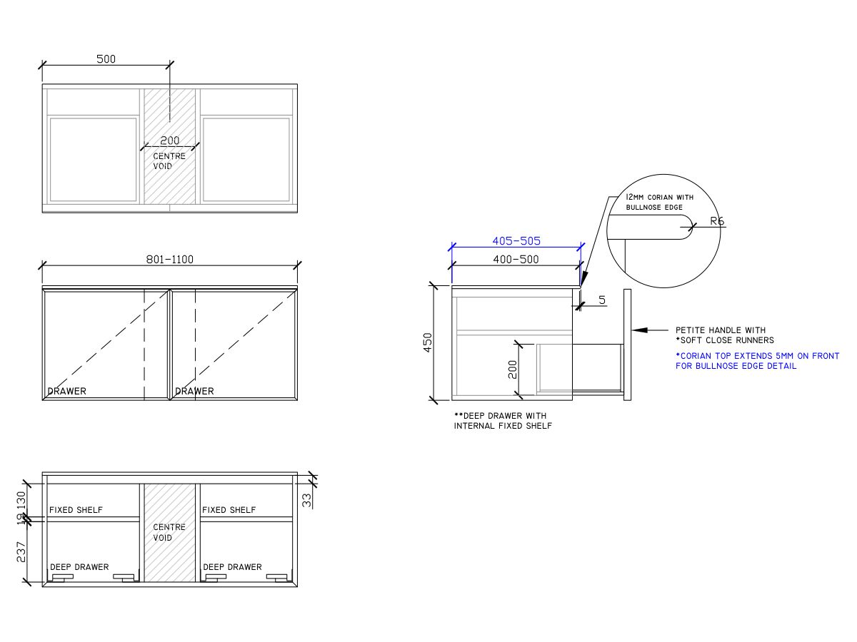 ISSY Adorn Above Counter / Semi Inset Wall Hung Vanity Unit with Two Drawers & Internal Shelves with Petite Handle 801-1100mm x 400-500mm x 450mm CENTERED