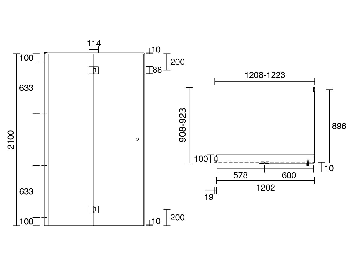 Technical Drawing - Kado Lux Frameless Enclosure with Wall Channel 1200 x 900mm