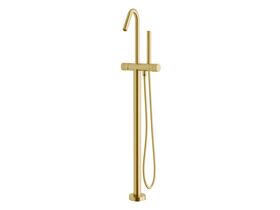 Milli Pure Floor Mounted Bath Mixer Tap with Handshower and Linear Textured Handle Trimset PVD Brushed Gold (3 Star)