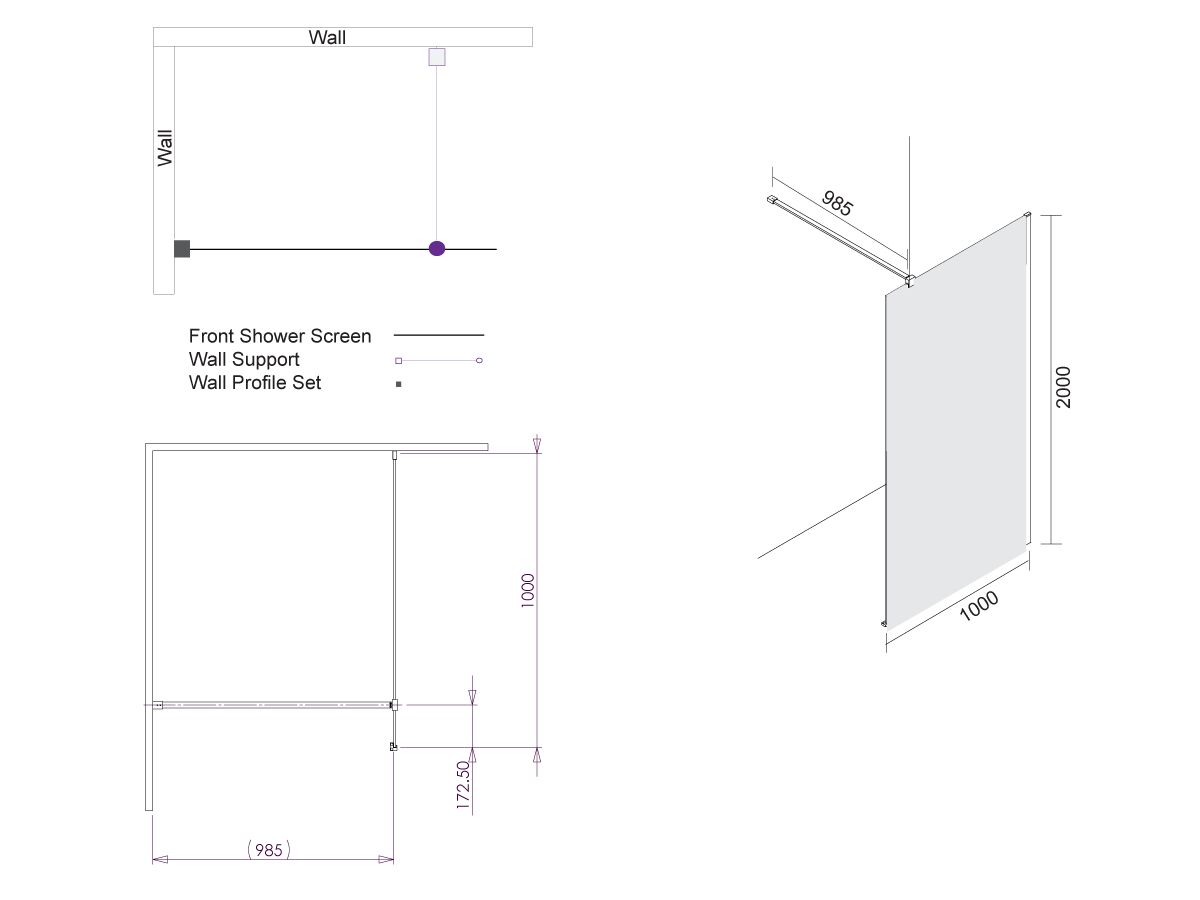 Kado Lux Fixed Shower Screen Panel and Wall Support 1000mm Chrome from