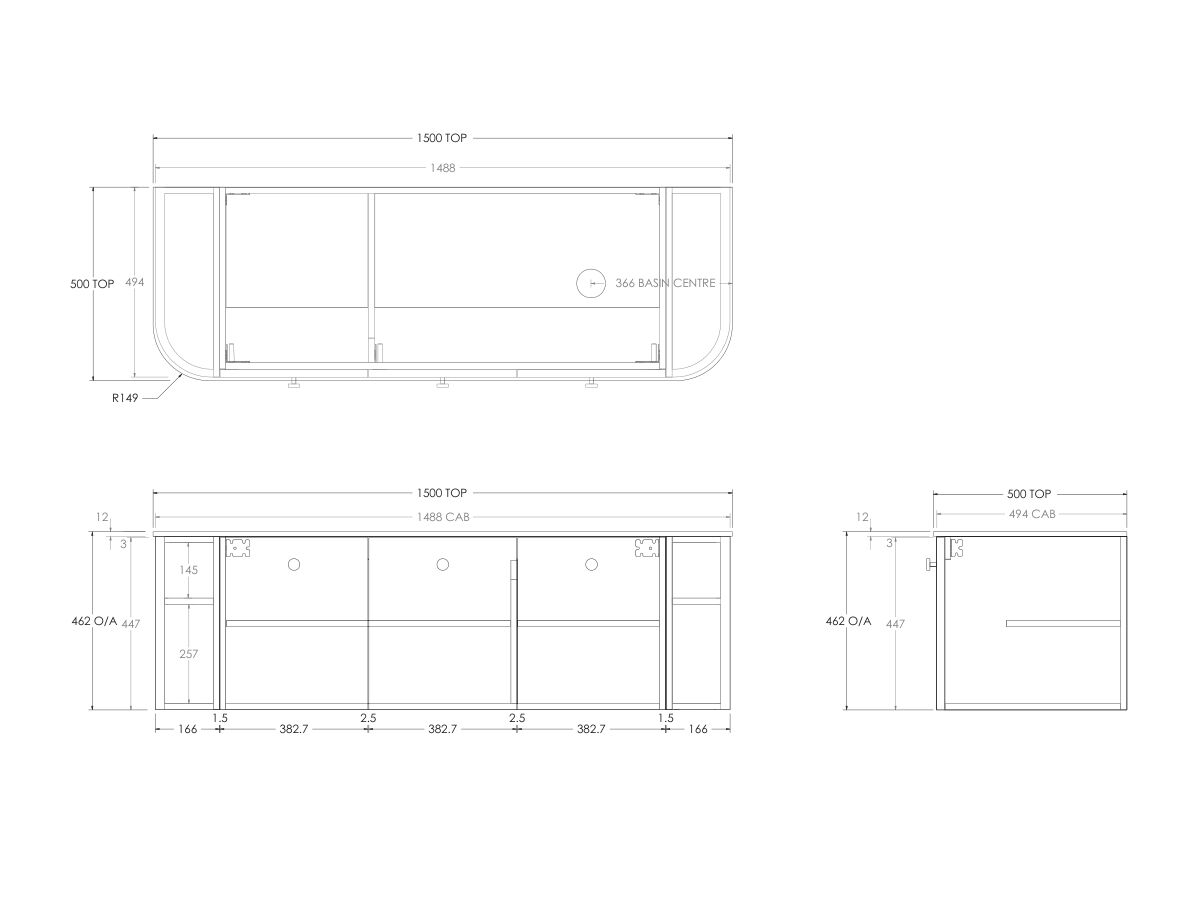 Kado Era 12mm Durasein Top Double Curve All Door 1500mm Wall Hung Vanity with Right Hand Basin