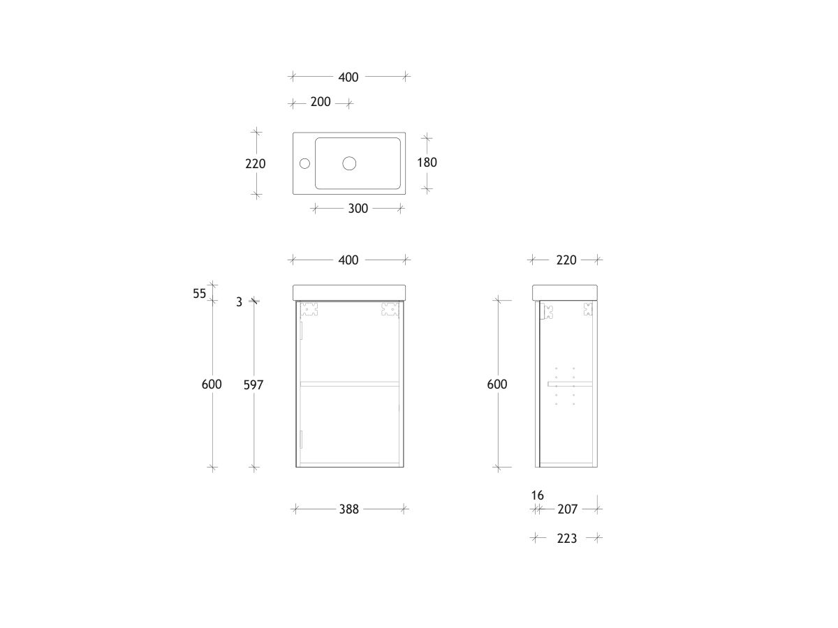 Technical Drawing - Posh Domaine Mini Wall Hung Vanity Unit
