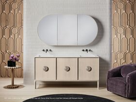 In Situ - Adorn 4 vanity with Marigold handle and Halo shaving cabinet portrait close up doors open - Limed Oak