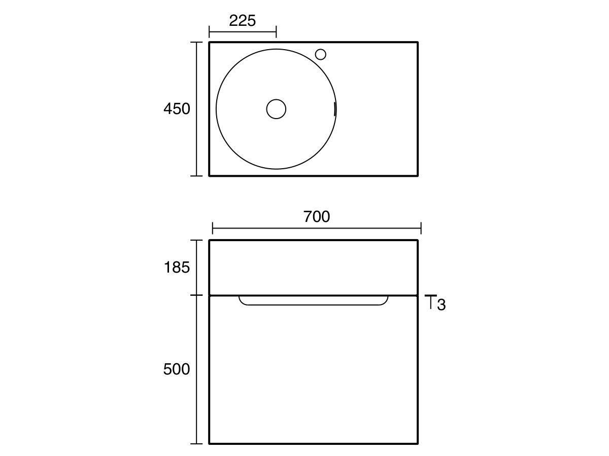 Technical Drawing - Omvivo Neo Two 12L Wall Hung Vanity 700mm Left Hand Bowl