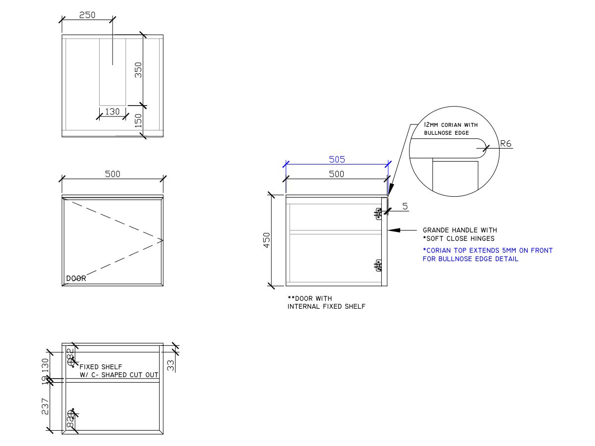 ISSY Adorn Above Counter / Semi Inset Wall Hung Vanity Unit with One Door & Internal Shelf with Grande Handle 500mm x 500mm x 450mm CENTER (LEFT)
