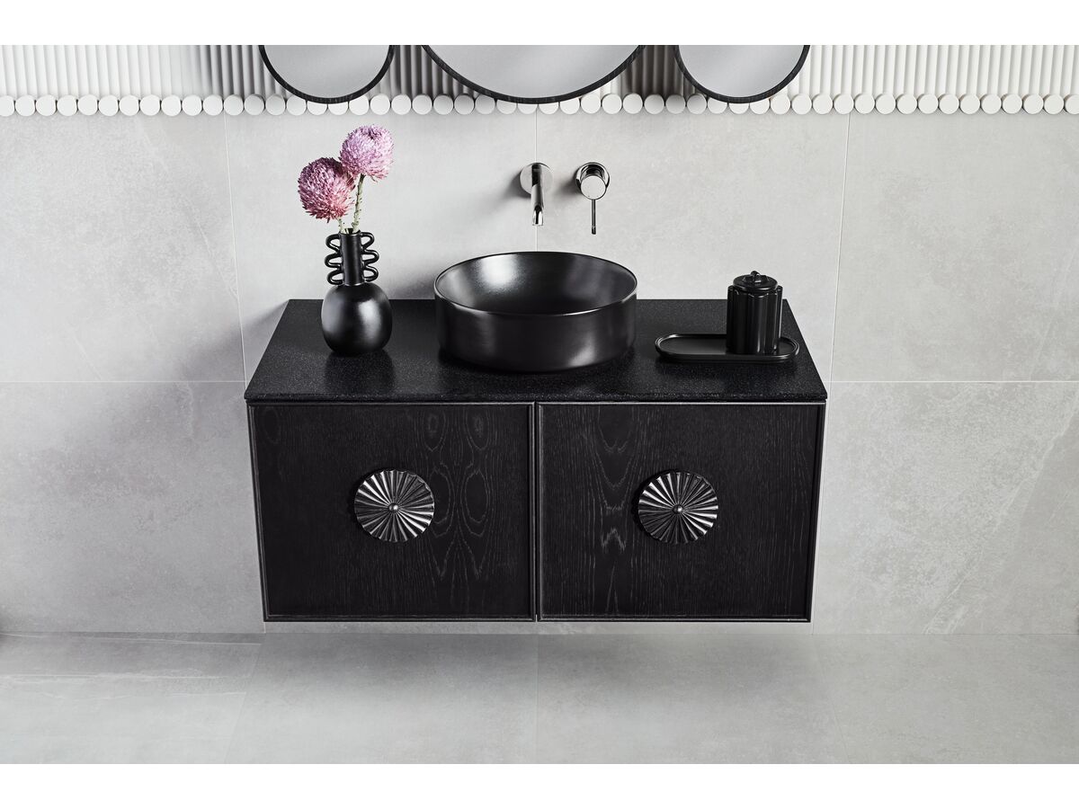 In Situ - Adorn 1 vanity with Marigold handle and Blossom shaving cabinet landscape top view - Charcoal Oak