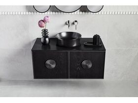 Adorn 1 vanity with Marigold handle and Blossom shaving cabinet landscape top view - Charcoal Oak