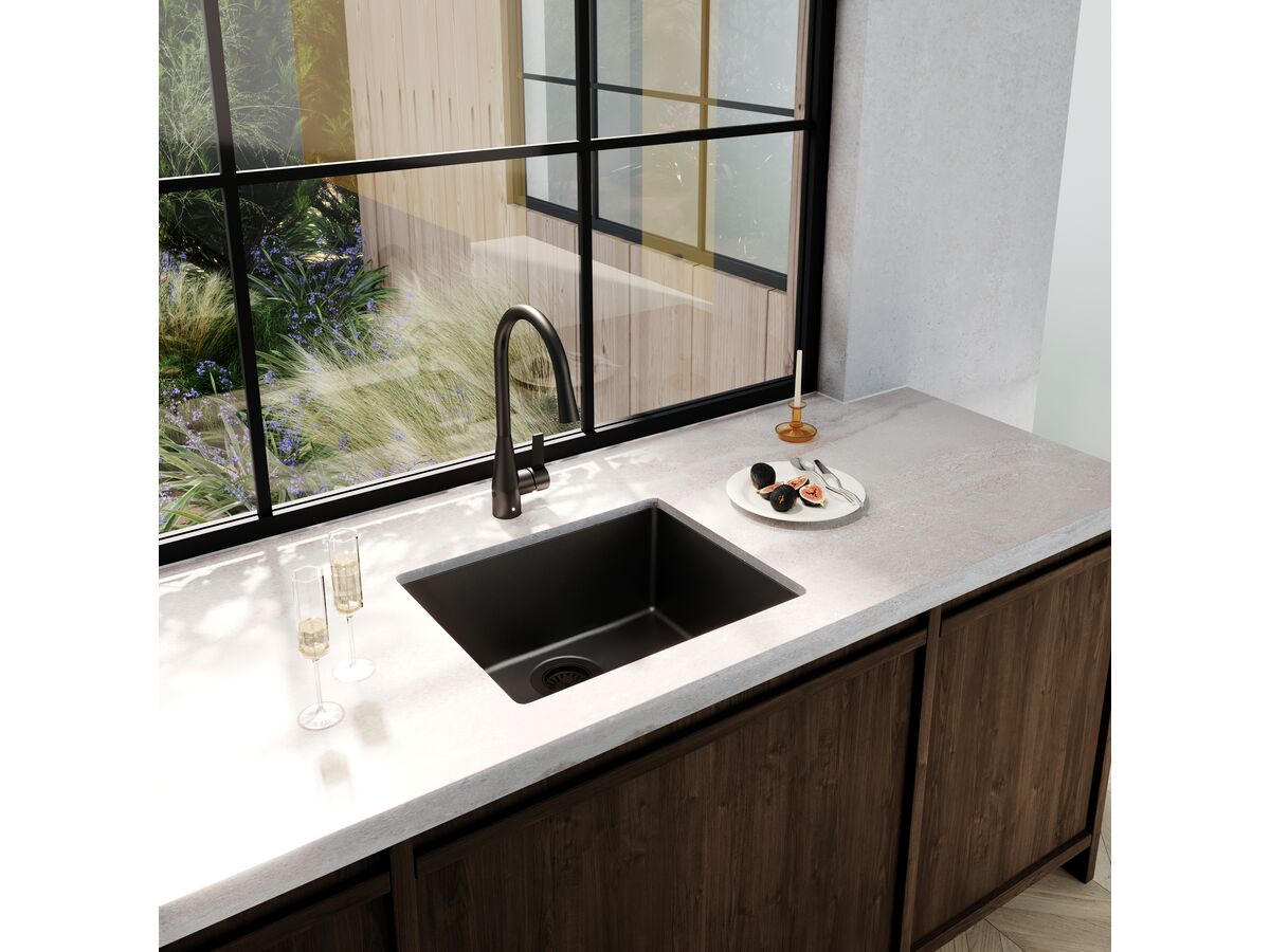 Memo Freya Extended Single Bowl Sink No Taphole Granite Black