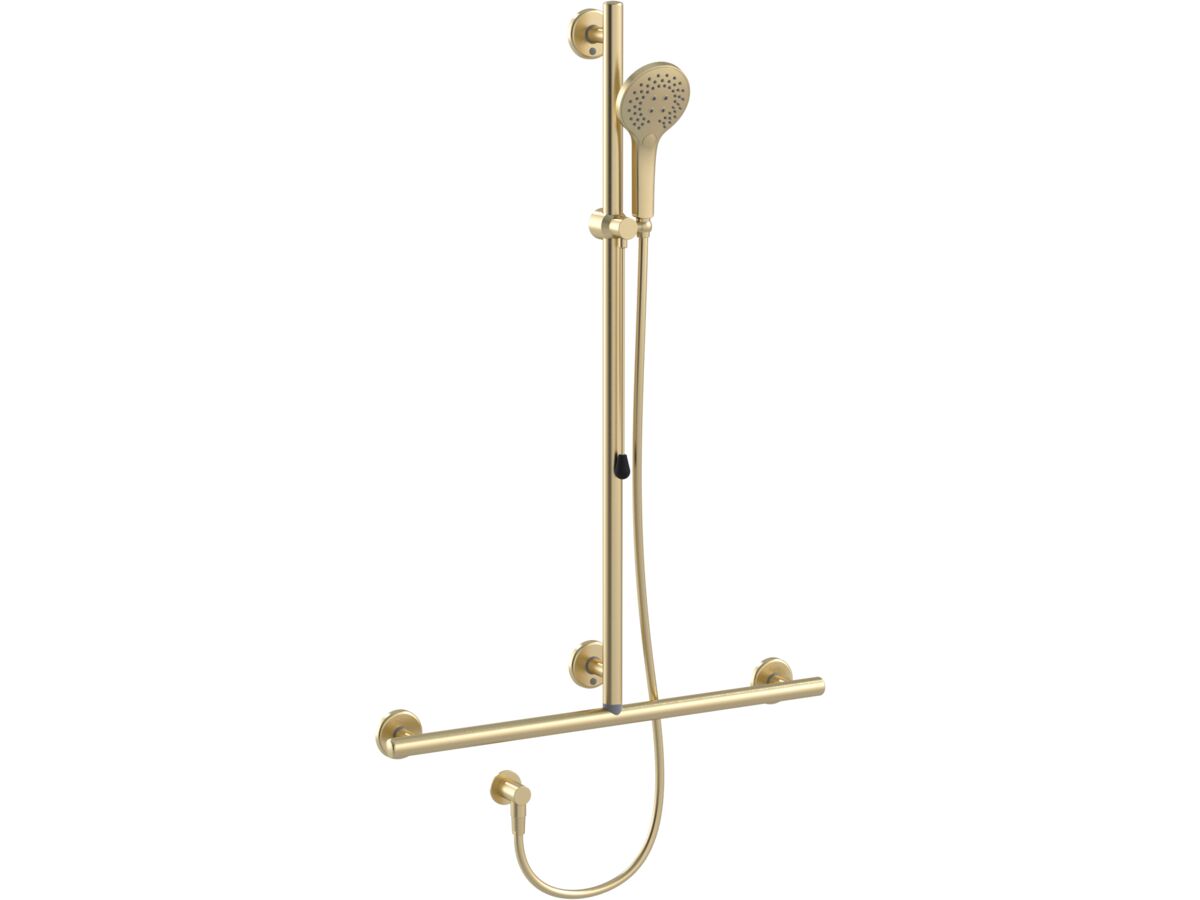 Mizu Drift 700 x 1100mm T-Shower Modular Grab Rail Kit 3 function with Push Pull Brushed Brass (5 Star)