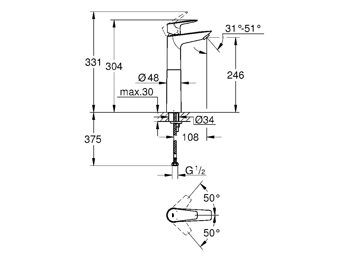 GROHE Bauedge New Extended Basin Mixer (6 star)
