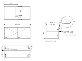Technical Drawing - ISSY Adorn Above Counter / Semi Inset Wall Hung Vanity Unit with Two Doors & Internal Shelves with Petite Handle 801-1100mm x 400-500mm x 450mm CENTERED (OPENS BOTH SIDES)