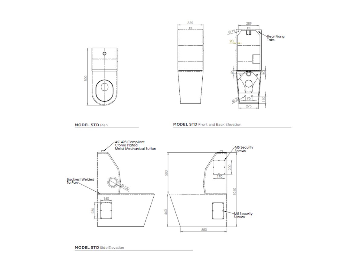 Britex Stainless Steel Security Accessible Toilet Suite with Integrated Backrest and Pneumatic Buttons