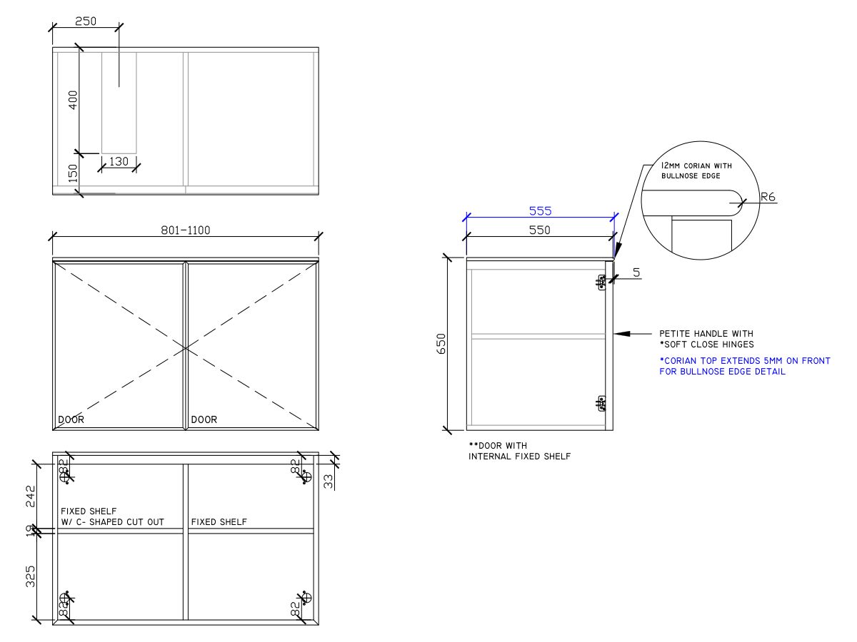 ISSY Adorn Undermount Wall Hung Vanity Unit with Two Doors & Internal Shelf with Petite Handle 801-1100mm x 550mm x 650mm OFFSET LEFT (OPENS BOTH SIDES)