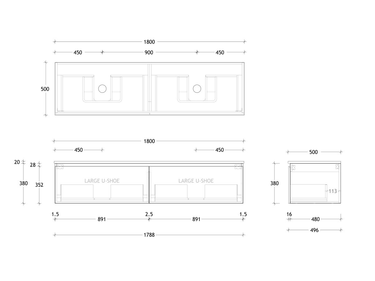 Technical Drawing - Posh Domaine All Drawer 1800mm Wall Hung Vanity Double Basin 20mm Top