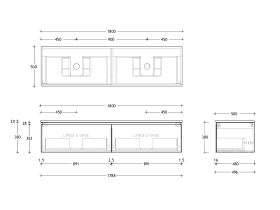 Technical Drawing - Posh Domaine All Drawer 1800mm Wall Hung Vanity Double Basin 20mm Top