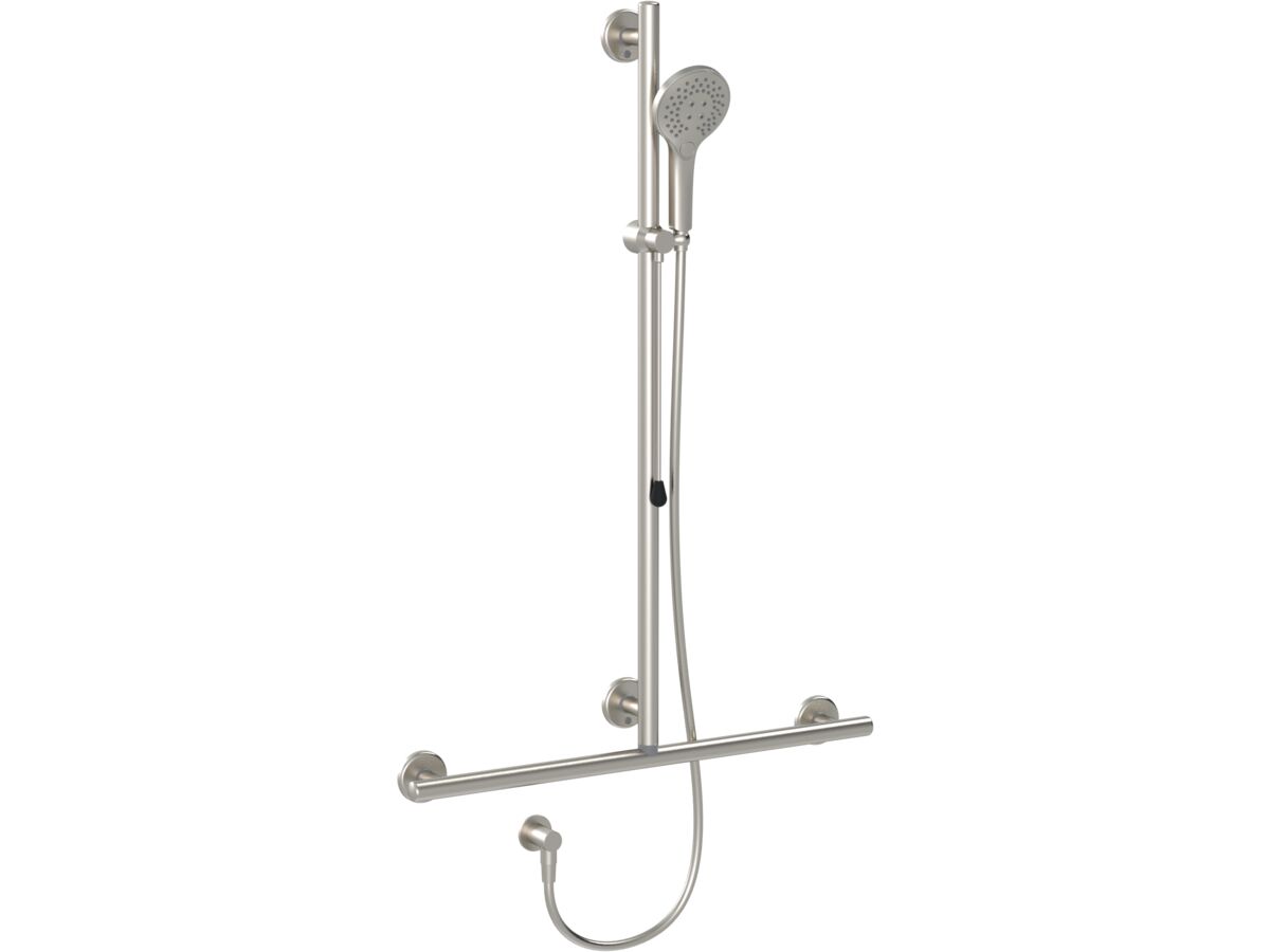 Mizu Drift 700 x 1100mm T-Shower Modular Grab Rail Kit 3 function with Push Pull Brushed Nickel / Brushed Stainless Steel (5 Star)